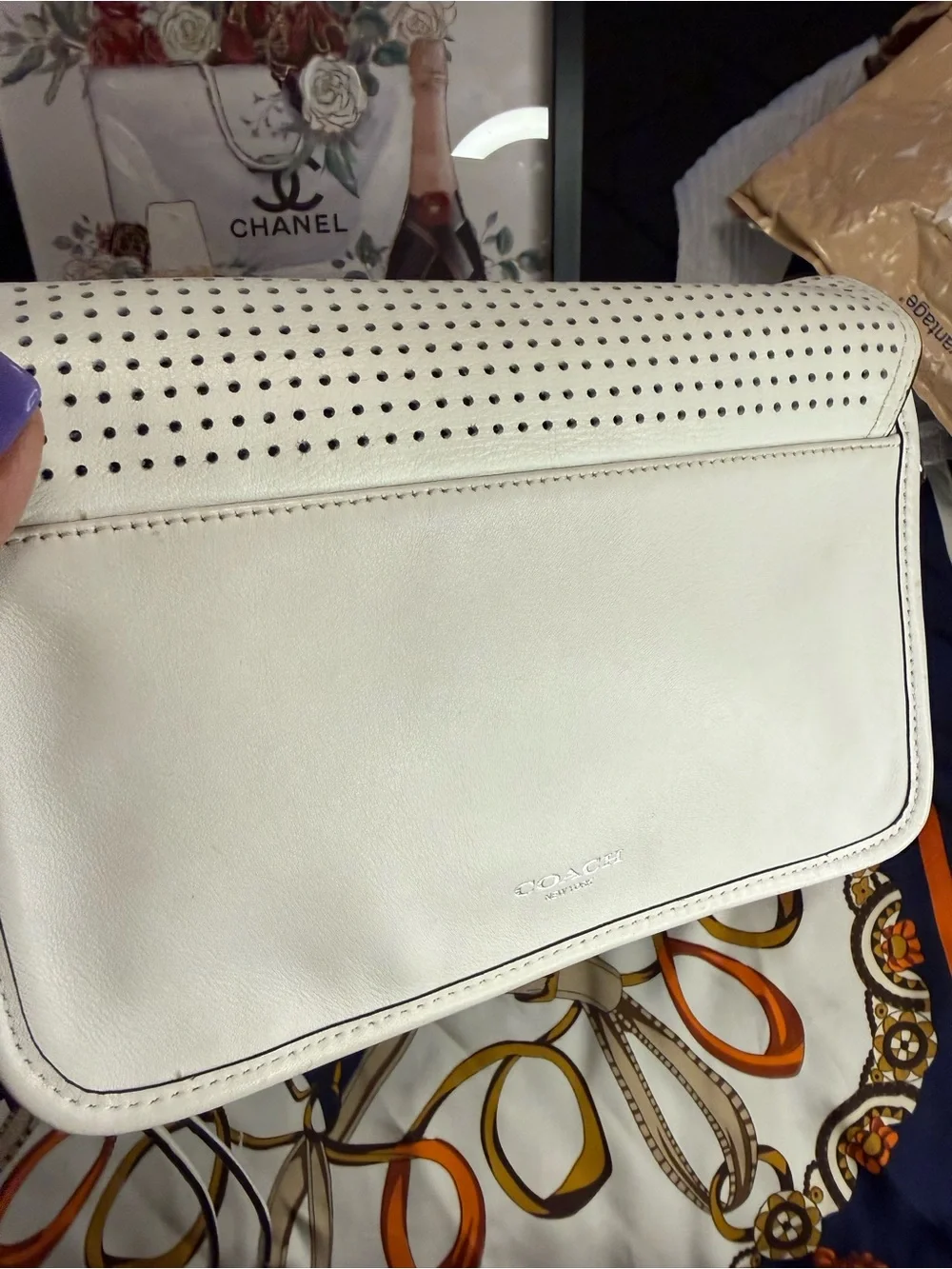 Coach Legacy Penelope Perforated Leather / Bag – White with Purple Tassels